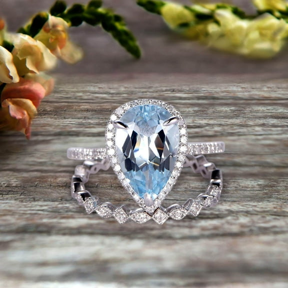 2Pcs Wedding Ring Set 8x5mm Pear Shape 2.25 Carat Aquamarine Engagement Ring On 10k White gold Halo Design