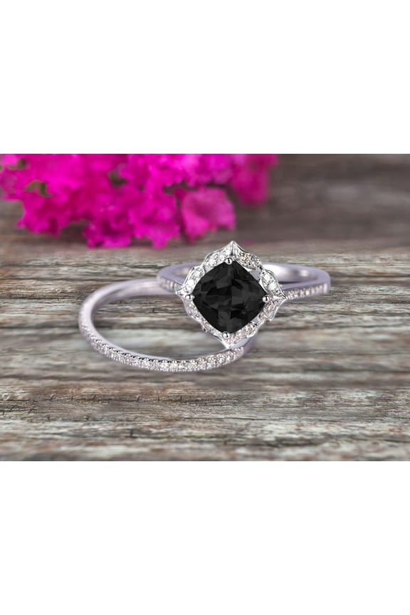 2Pcs Wedding Ring Set Cushion Cut 2.55 Carat Black Diamond Moissanite Engagement Ring On 10K White Gold Matching Band Vintage Look Halo Design