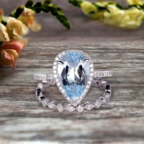 2Pcs Wedding Ring Set Pear Shape 1.75 Carat Aquamarine Engagement Ring On 10k White gold Halo Design