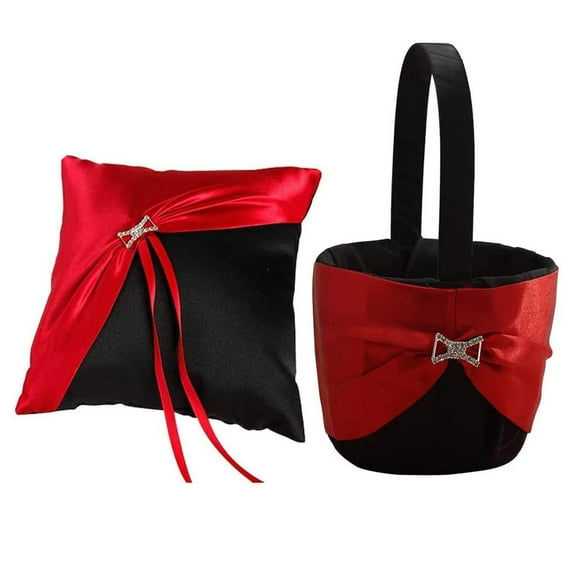 2Pcs Wedding Supplies Set Black and Red Satin Flower Girl Basket + Ring Bearer Pillow for Bridal Wedding Shower Ceremony Anniversary Celebrations Party Decorations Wedding Accessories