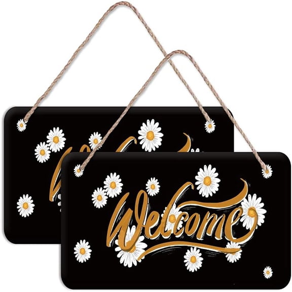2Pcs Welcome Door Sign Little Daisy Pattern Rectangle Door Wall Hanging Sign Rustic Wood Door Sign Plaque with Hanging String