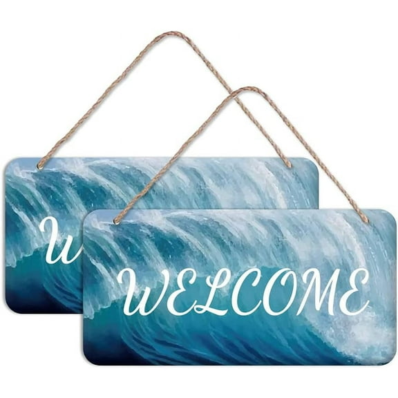 2Pcs Welcome Door Sign Ocean Pattern Rectangle Door Wall Hanging Sign Rustic Wood Door Sign Plaque with Hanging String Home Decoration for Farmhouse Porch Garden Yard 30x15cm Colorful DIY