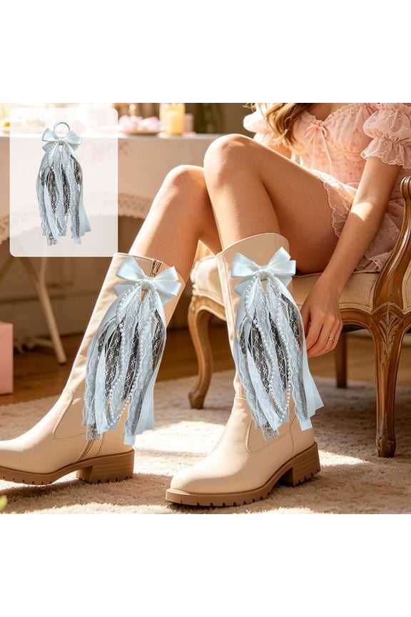 2Pcs Western Cowboy Boot Bow Tassel Charms, Lace Ribbon Pearl Fringe Boot Ornament Clips, Cute Country Bow Shoe Decorations for Barn Wedding, Music Festival, Rodeo, Western Themed Party
