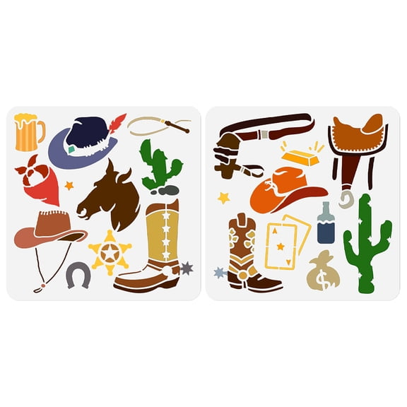2Pcs Western Cowboy Stencils Painting 11.8"x11.8" Reusable Plastic Cowboy Hat Cactus Stencil Drawing Templates DIY Craft Paint Templates