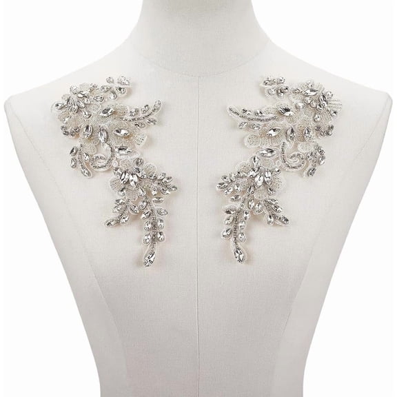 2Pcs White Floral Rhinestone Applique Bead Embroidery Sew on Tulle Pathes Handmade 3D Flower Glass Beaded Lace Trim Appliques for DIY handcrafting