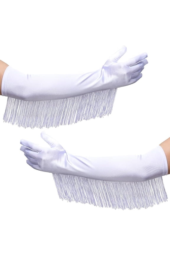 2Pcs White Fringe Gloves Satin Vintage 1920s Tassel Stretchy Wedding Bridal Dress Opera Pageant Long Elbow Glove for Evening Costume