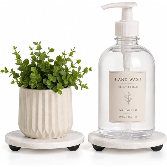 2Pcs White Marble Round Tray 4 Inch Pedestal Stand Riser for Bathroom Counter & Kitchen Sink - Waterproof Lightweight Easy Clean Vanity Decor Desk Organizer Accessories