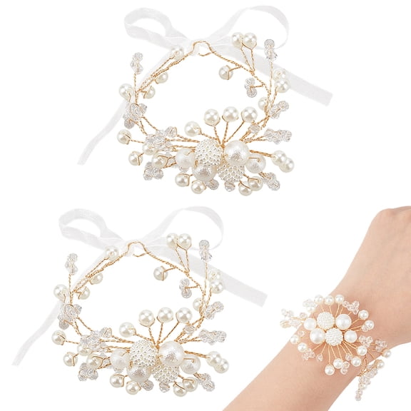 2Pcs White Pearl Wedding Bows Bracelets Vintage Flower Beaded Organza Wrist Corsage Jewelry Tulle Bowknot Hand Ties