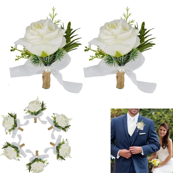 2Pcs White Rose Boutonniere with Pins for Men Wedding, Groom and Groomsmen Boutonniere for Wedding Ceremony Anniversary Party,Rose Wedding Flowers Accessories