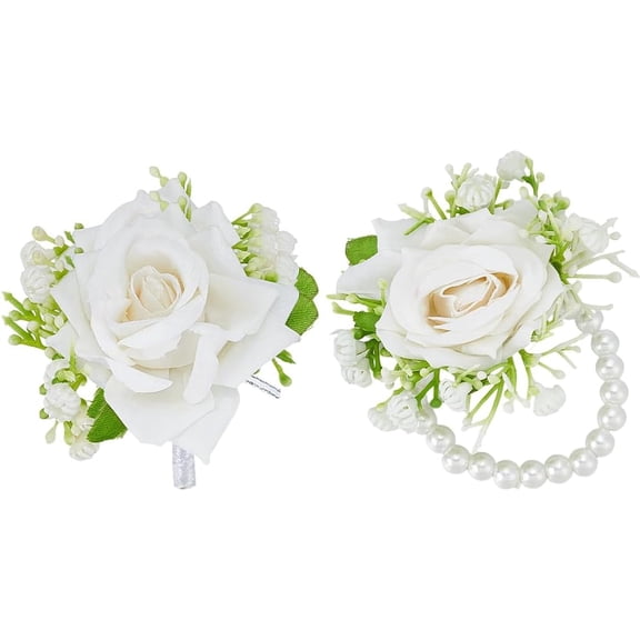 2Pcs White Rose Corsage and Boutonniere Set Pearl Wristband Bracelet Artificial Corsage Brooch for Bride Groom Bridesmaids Groomsmen