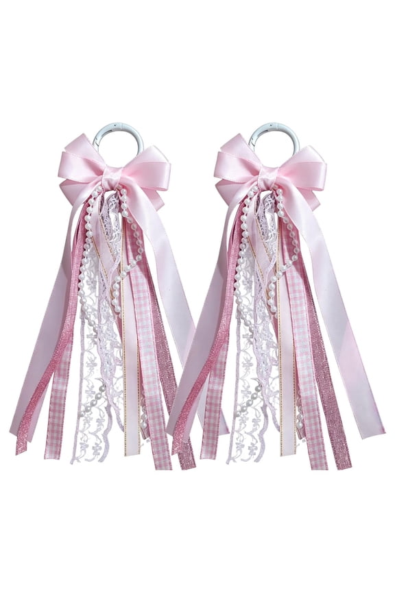 2Pcs White Satin Lace Pearl Boot Bow Charms with Metal O Ring, Long Ribbon Cowboy Boot Decorations for Women Western Wedding Country Concert Holiday Outfit Accessories(Pink)