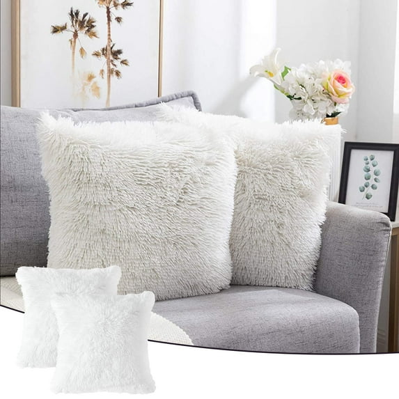 2Pcs White Throw Pillow Covers Fluffy Pillows Fur Decorative Pillows Plush Cushion Case Fuzzy Mongolian Merin Style for Christmas Decor 17x17 Inch