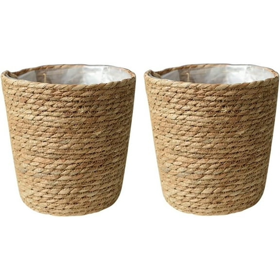 2Pcs Wicker Planter Basket, Rattan Grass Woven Flower Pot Seagrass Planter with Plastic Liner Farmhouse Storage Fruit Bowl Hyacinth Storage Baskets for Plant Flower Fruit Vegetable, 8.65inch H