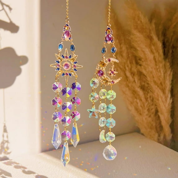 2Pcs Wind Chime, Yrmaups Crystal Wind Chime, Hanging Sun Catcher for Window and Garden, Boho Prism Wind Chime, Decorative Outdoor and Indoor Chime, Rainbow Light Catcher