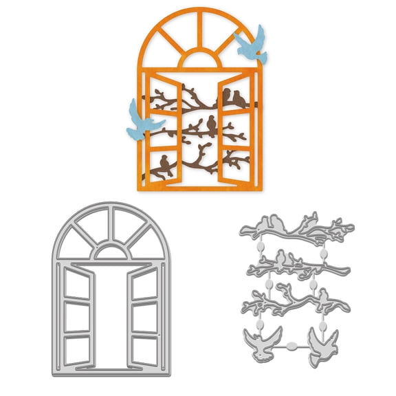 2Pcs Window Bird Branches Cutting Dies Cut Stencils Window View Templated Embossing Die Cuts Set