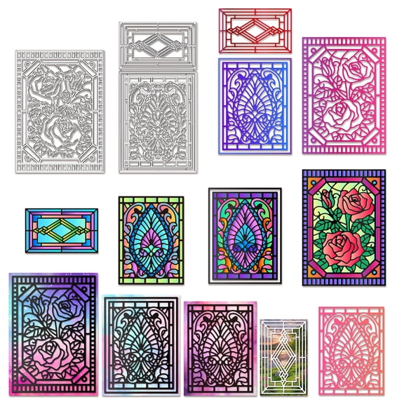 2Pcs Window Frame Cutting Dies Vintage Background Stencils Diamond Border Rose Decorative Embossing Stencils for Scrapbooking Photo Album