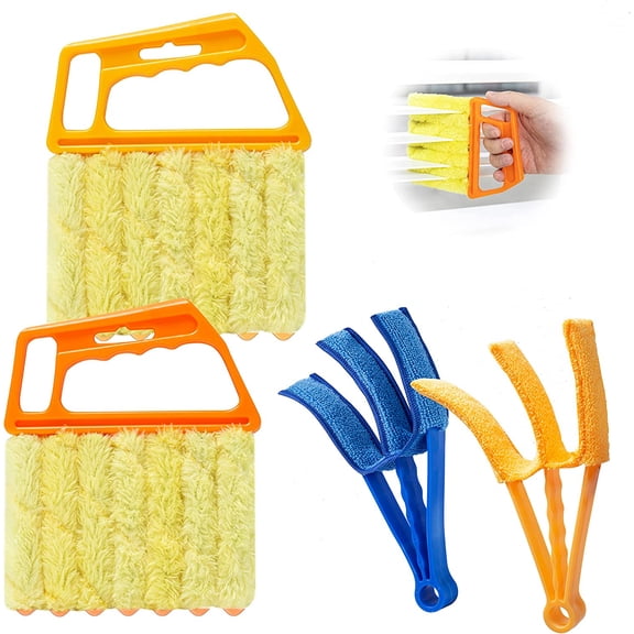 2Pcs Window Venetian 7 Finger Blind Cleaner Duster Tool and 2Pcs dust-Removing BrushesOrange,Yellow, Blue