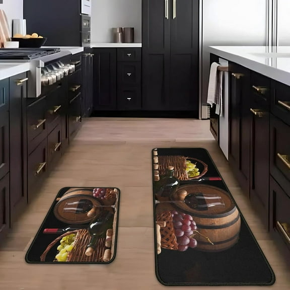 2Pcs Wine Kitchen Rugs and Mats Absorbant Sets for Kitchen Floor Outdoor Non Slip Waterproof Standing Kitchen Runner Mats 17”x24”+17”x48”