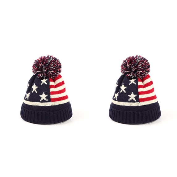 2Pcs Winter Thermal Knit Hat for Men Women, Warm Lined Beanie Cap with USA Flag Design and Pom-Pom Top, Cozy Bobble Hat for Cold Weather, Skiing, Hiking and Outdoor Sports