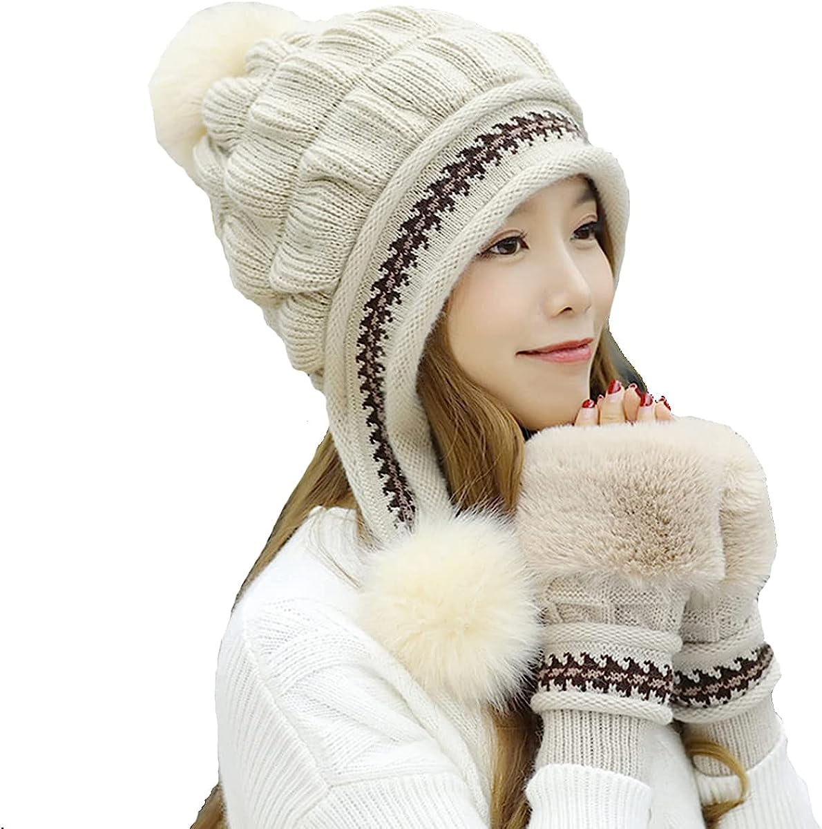 2Pcs Winter Women'S Beanie Scarf And Plush Gloves Set Girls Classic Knit Warm Fleece Lined Cable Hat - Beige