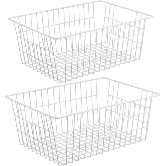 2Pcs Wire Storage Basket, Metal Wire Food Storage Basket for Kitchen, 14.17X11X6.3 inch Storage Boxes for Kitchen, Cupboard, Office, Bathroom,Durable Home Tidy Open Storage Bins with Handles,White