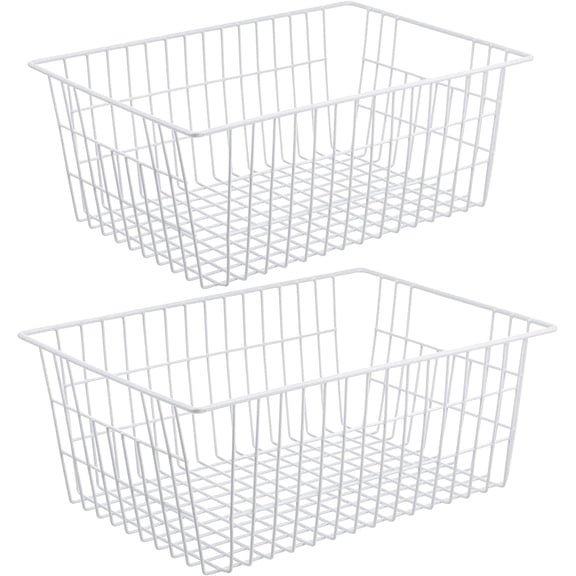 2Pcs Wire Storage Basket, Metal Wire Food Storage Basket for Kitchen, 14.17X11X6.3 inch Storage Boxes for Kitchen, Cupboard, Office, Bathroom,Durable Home Tidy Open Storage Bins with Handles,White