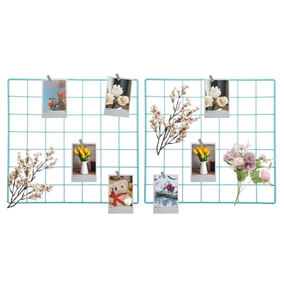 2Pcs Wire Wall Grid Panel, 14" x 14" Metal Photo Hanging Display Grid Shelf with Screw for Art Display Frame, Blue