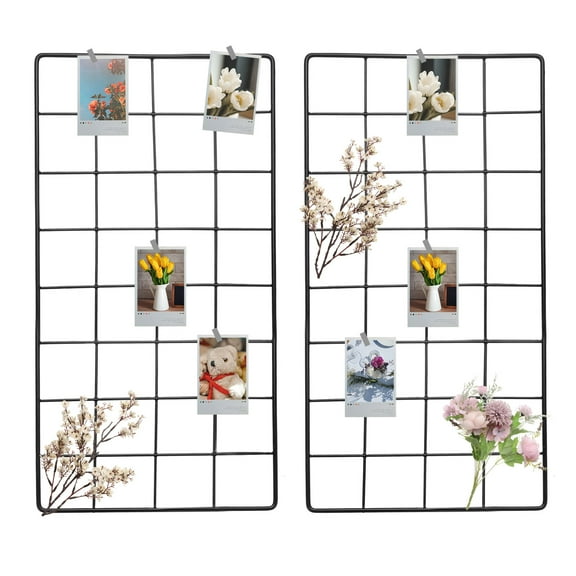 Uxcell 2 Pcs Wire Wall Grid Panel 16" x 8" Metal Photo Hanging Display Grid Shelf with Hook for Art Display Frame Black