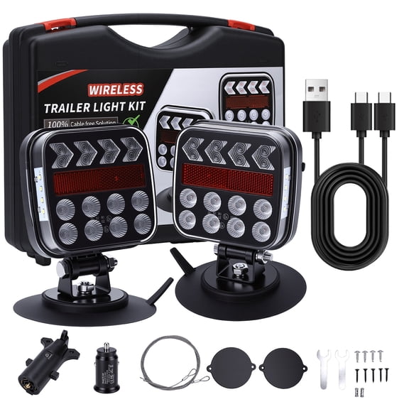 2Pcs Wireless Trailer Lights, Adjustable Magnetic LED Trailer Lights with Fixing Ropes, Rechargeable Tow Tail Light Kit for Trucks, Boats, RVs, Campers, IP67 Waterproof