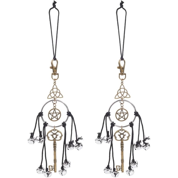 2Pcs Witch Bells Witch Wind Chimes Protection Door Hangers Handmade Metal Hanging Pentagram Key Magic Witch Bells Protection for Door Knob Witchcraft Boho Home Decorations Supplies