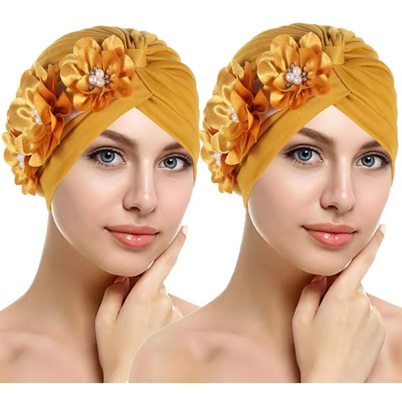 2Pcs Women Adult Elegant Three Flower Design Turban Hat Elastic Cap Hair Soft Loss Cover Headwear