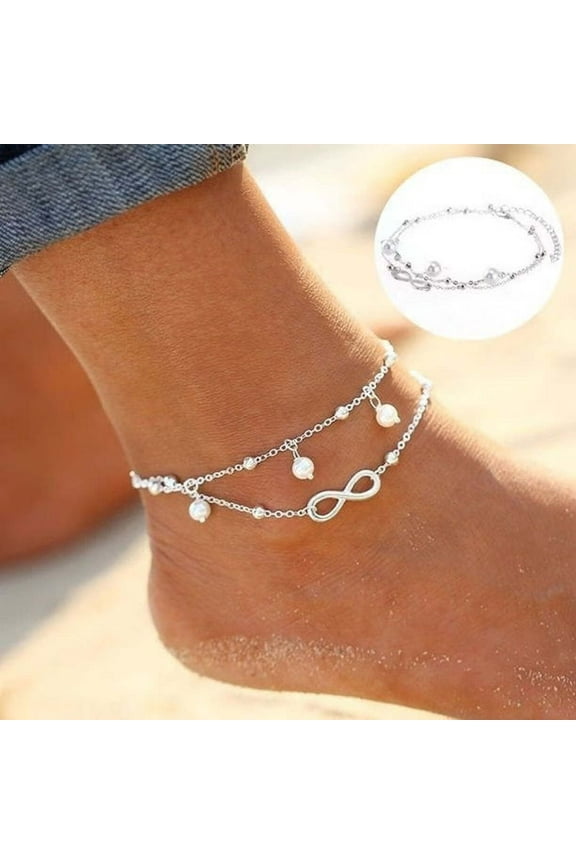2Pcs Women Ankle Bracelet 925 Sterling Silver Anklet Foot Chain Boho Beach Beads