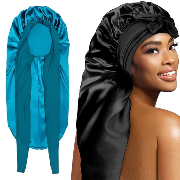 2Pcs Women Bonnet Large Long Satin Night Cap for Sleeping, Makeup, Cooking, Silk Hair Wrap Nightcap Prevent Hair from Tangling (2Pcs- Black&Blue Color)