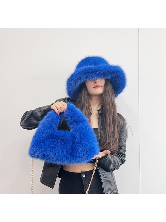2Pcs Women Faux Fur Bucket Hat & Shoulder Bag Set, Fluffy Shaggy Plush Matching Fisherman Cap Chain Handbag, Winter Warm Colorful Matching Outfit Accessories for Party Travel