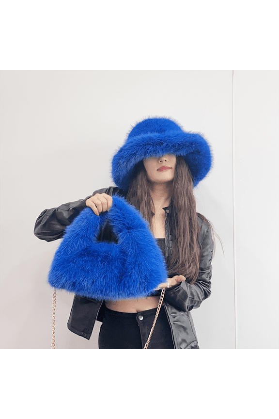 2Pcs Women Faux Fur Bucket Hat & Shoulder Bag Set, Fluffy Shaggy Plush Matching Fisherman Cap Chain Handbag, Winter Warm Colorful Matching Outfit Accessories for Party Travel