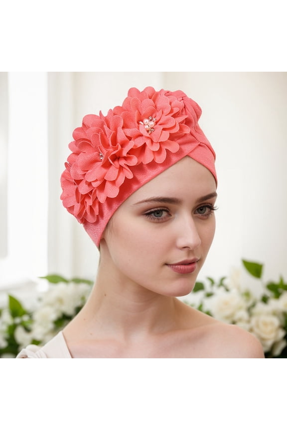 2Pcs Women Flower Turban Hats - Ruffle Pre Tied Headwrap Caps Chemo Beanies Hijab Headscarf for Cancer Patient Hair Loss