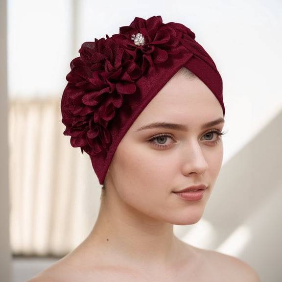 2Pcs Women Flower Turban Hats - Ruffle Pre Tied Headwrap Caps Chemo Beanies Hijab Headscarf for Cancer Patient Hair Loss
