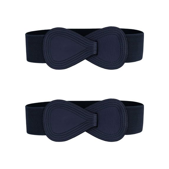 INSPIRE CHIC 2Pcs Interlock 8-shaped Buckle Elastic Faux Leather Stretch Waist Belt for Lady 27x2.36"(LxW) Dark Blue