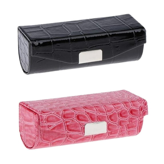 2Pcs Women PU Leather Single Lipstick Case with Mirror Lipstick Holder for Purse Black and Rose Red