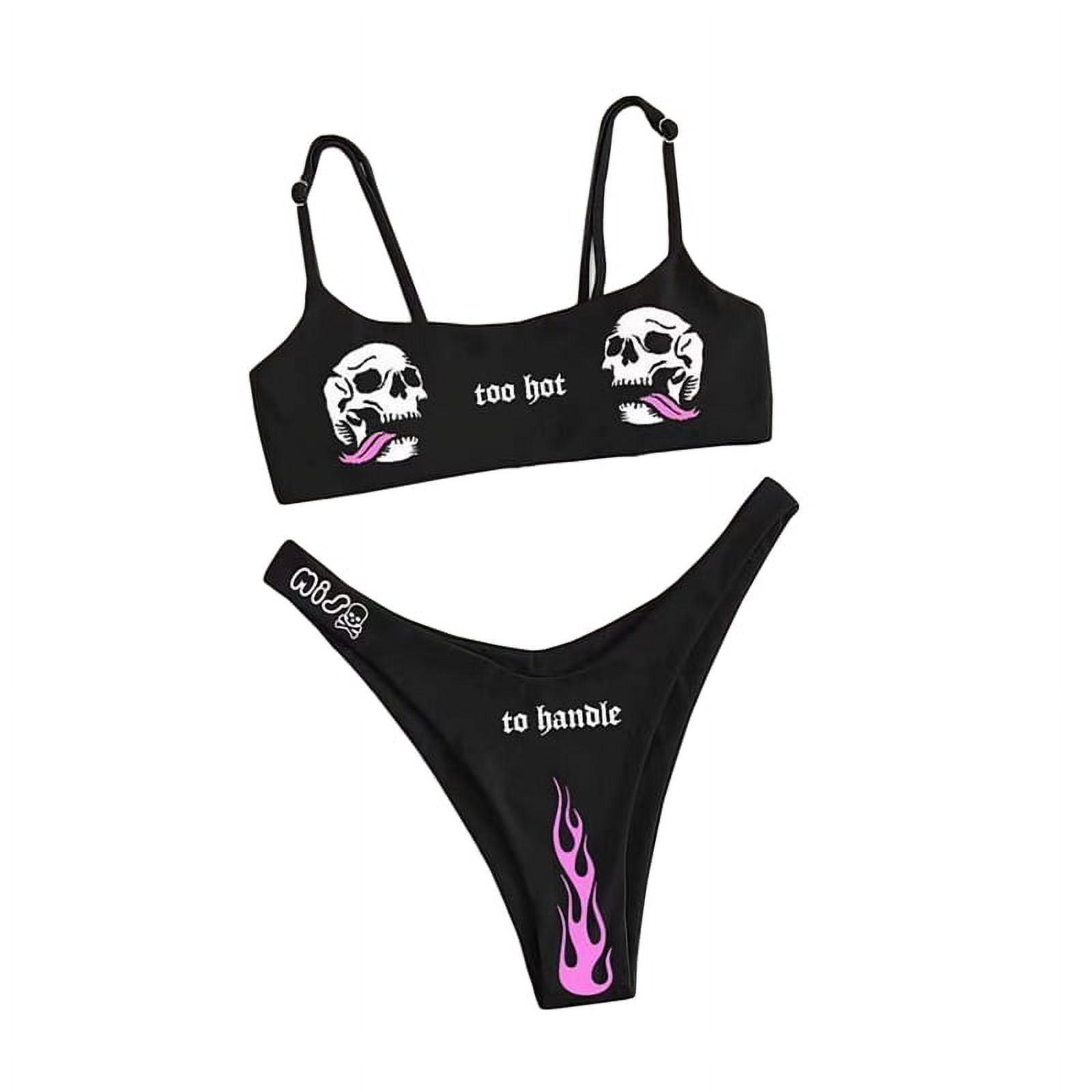 2Pcs Women Skull Print Bikini Suit Split Bathing Suit High Waist