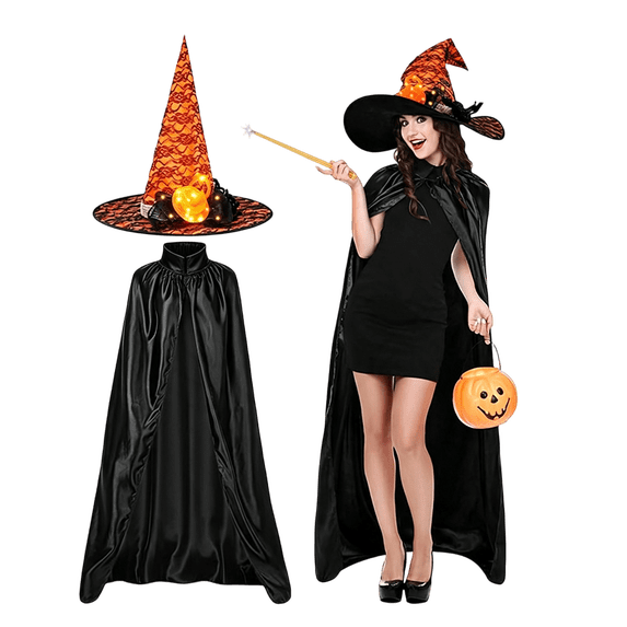2Pcs Women Witch Costume Set Full Length Cloak Lighted Lace Flower Hat Gothic Cosplay Outfit Set for Halloween
