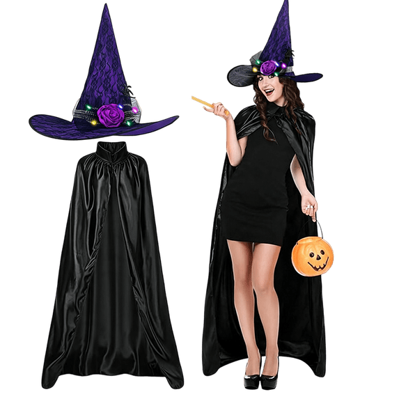 2Pcs Women Witch Costume Set Full Length Cloak Lighted Lace Flower Hat Gothic Cosplay Outfit Set for Halloween