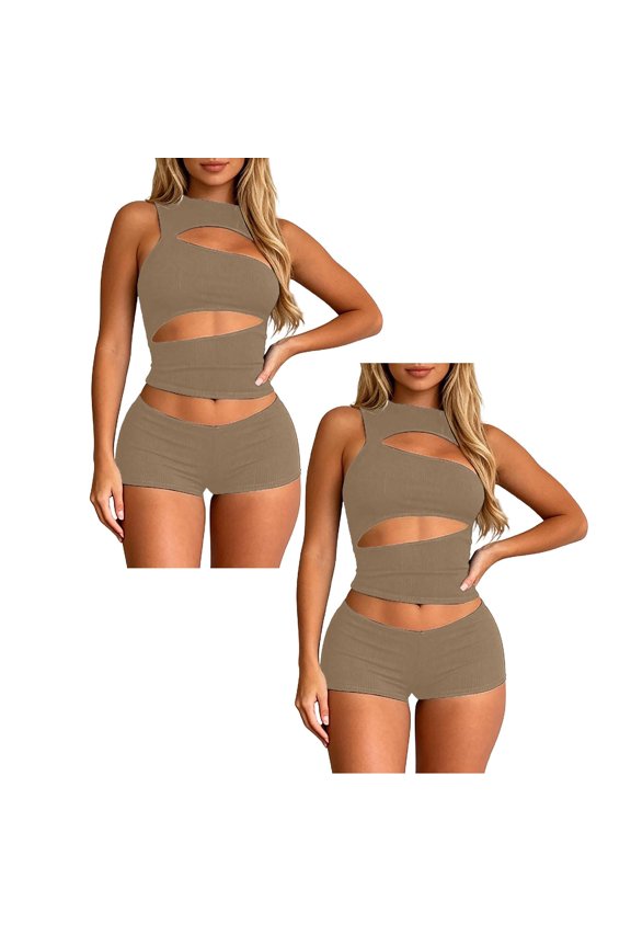 2Pcs Women's Black Micro Mini 2-Piece - Matching Sets, Sleeveless Cut Out Crop Tops Bodycon Shorts Set, Clothes, Night Out Outfits for Women, Matching Sets for Women, Women's Shorts Suit Khaki S
