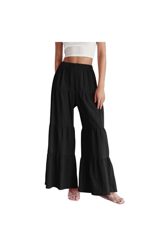 2Pcs Women's Flowy Boho Elastic High Waist Ruffle Hem Wide Leg Beach Loose Palazzo Pants Summer Baggy Tiered Flared Trousers