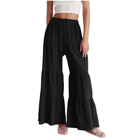 2Pcs Women's Flowy Boho Elastic High Waist Ruffle Hem Wide Leg Beach Loose Palazzo Pants Summer Baggy Tiered Flared Trousers