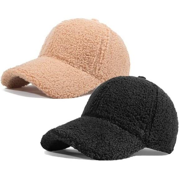 2Pcs Women's Lamb Wool Winter Baseball Caps Soft Solid Color Warm Baseball Hat,Black Khaki