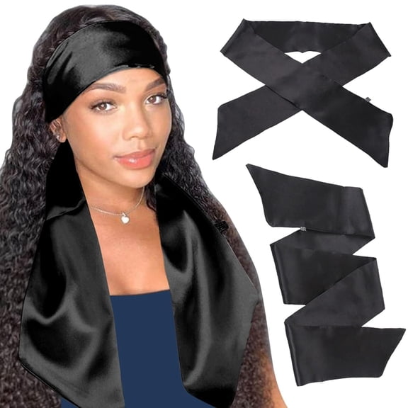 2Pcs Women's Satin Edge Scarves for Wigs 58 Inch Silk Edge Laying Scarf for Women Non Slip Hair Wrap Wigs Grip Band for Yoga, Makeup, Facial, Sport (2 pcs, Black#)