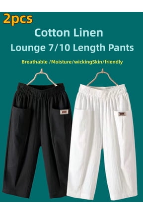 2Pcs Women's Summer Cotton Linen 3/4 Length Pants, Breathable Sweat Wicking Skin-friendly, Elastic Waist Harem Pants With Double Pockets, Casual Versatile Pants For Home & Outdoor Wear