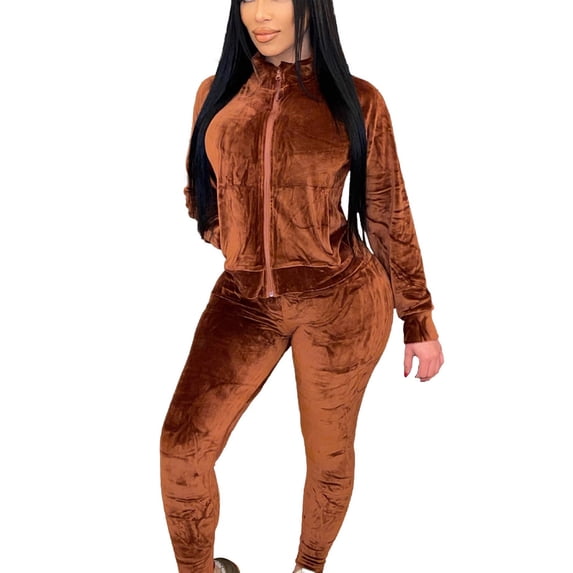 2Pcs Women's Velvet Solid Color Stand Collar Sweatshirt Pants Sets Running Sport Casual Tracksuit