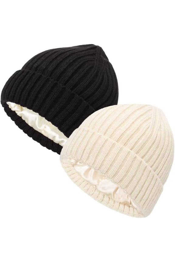 2Pcs Womens Satin Lined Knit Beanie Hat Winter Warm Cuffed Knitted Silk Lining Hat Soft Stretch Cable Skull Cap